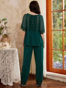 Elegant French Retro Mesh And Lace Patchwork Women Pajama Set - Dark Green - View 2