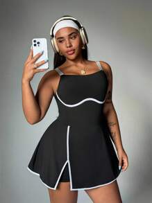 SHEIN Sport Studio Vestido sin mangas con bloque de color para mujer talla grande, con abertura en el dobladillo, shorts incorporados y bolsillos, para primavera/verano