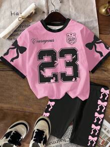 SHEIN Leap Crew 青少年女孩休闲简约短袖宽松 T 恤和紧身裤两件套，适合夏季 - 彩色 - 查看 2