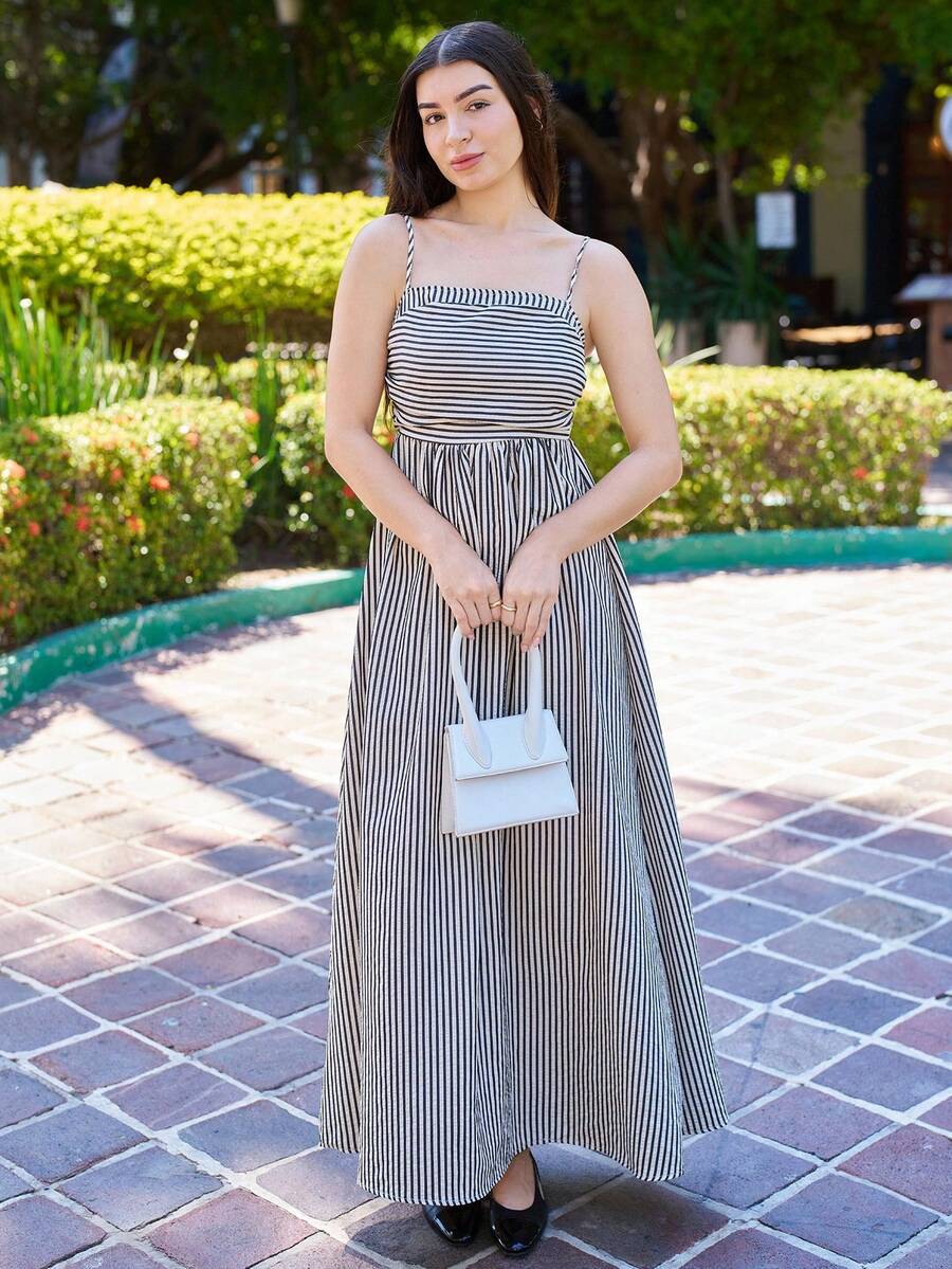 Andrea Bello 女士休闲条纹细肩带长裙 - 黑色 - 查看 1