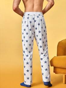 Men's Star Print Pajama Bottoms, Lounge Pants, Fall - White - View 2
