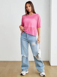 SHEIN PETITE 夏季女性黑色無胸罩下擺垂墜透視網紗上衣 - 粉色 - 查看 3