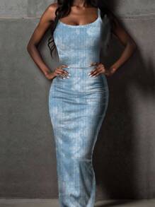 SHEIN EZwear 休闲简约街头风格浅蓝色扎染抽象印花紧身吊带长裙，适合夏季穿着 - 彩色 - 查看 8