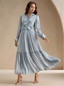 Anewsta 女士长款花朵装饰优雅休闲连衣裙，百搭 - 灰藍色 - 查看 7