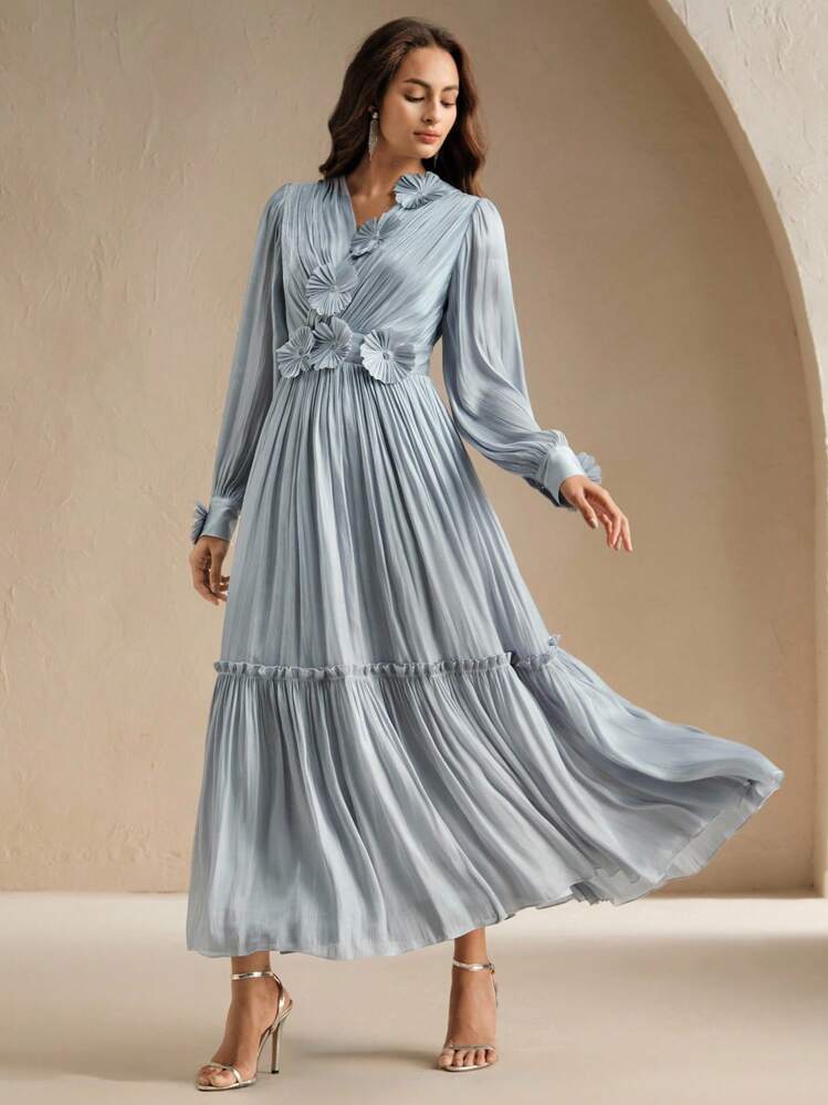 Anewsta Vestido Casual Elegante com Decoração Floral Longo para Mulheres, Versátil - Cinza Azul - Visão 7