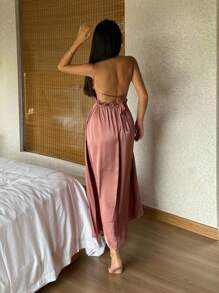 DAZY Lace Patchwork Satin Ruched High Slit Backless Design Sexy Spaghetti Strap Women Nightgown Pajama - Dusty Pink - View 2
