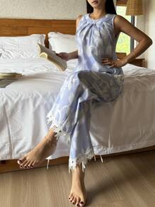 DAZY 花卉印花露背荷叶边上衣搭配阔腿长裤女士睡衣套装，度假风格睡衣 - 淺藍色 - 查看 5