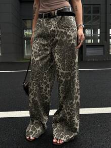 DAZY Women's Casual Leopard Print Loose Wide Leg Jeans - Khaki - View 5