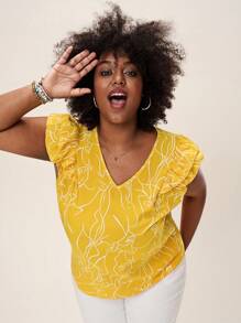 SHEIN LUNE Plus Size V-Neck Sleeveless Printed Casual Blouse Mardi Gras, Rave - Yellow - View 1