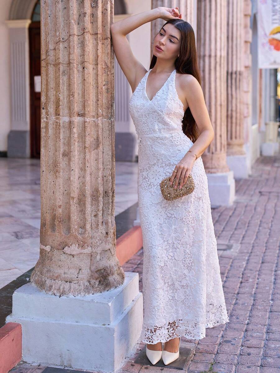 Andrea Bello 优雅水溶性蕾丝性感深 V 露背修身超长礼服，适合舞会、鸡尾酒会、婚礼 - 白色 - 查看 1