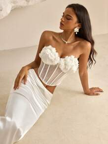 Vowa Vestido minifaldero blanco, de estilo de top de sujetador, de malla brillante y tejido de malla, con diseño floral 3D, de vanguardia, sexy y de moda, apto para discotecas, fiestas, vacaciones y cócteles.