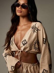 MISSGUIDED Bộ đồ phối hợp vải lanh thêu quần ống rộng cạp cao áo crop top tay bồng mặc đi nghỉ dưỡng họa tiết chống nắng lễ hội bãi biển mùa hè - Rượu sâm banh - Xem 3