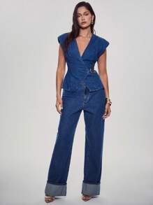 Denimoi 牛仔无袖背心，配金色 O 形环金属腰带前开合 - 中等水洗藍 - 查看 3