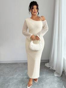 Elenzga Abito lungo elegante da donna con manica lunga, collo asimmetrico, spalla arricciata e vestibilità aderente, disponibile in taglie comode
