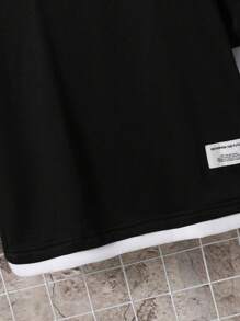 SHEIN Tween Boy Casual Sports Loose Fit Korean Style Contrast Color Hooded Sweatshirt, Suitable For Commuting, School, Daily Casual Wear, Sports, Autumn/Winter Season, Kids Clothes, Tween Boy Clothes, School Clothes, Kids Sweatshirt Black And White, Tween Boys Sweatshirt Fall - Black - View 5