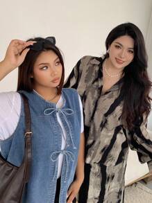 Dazy Plus Light Colored Distressed Sleeveless Tie Up Denim Vest