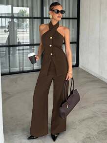 Lavishia Sophisticated Gold Rose Buckle Black Halter Top + Flare Pants 2 Pieces Set, Suitable For Daily Commute - Chocolate Brown - View 1