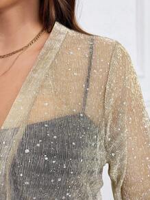 SHEIN Tall CURVE Plus Size Rave Festival Fall Casual Silver Foil See-Through Sequin Cropped Jacket Winter Autumn - Champagne - View 3