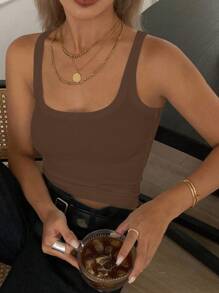 Livesso Áo hai dây công sở đơn sắc thường ngày dành cho nữ, Áo phông mùa hè thời trang - Cà phê nâu - Xem 5