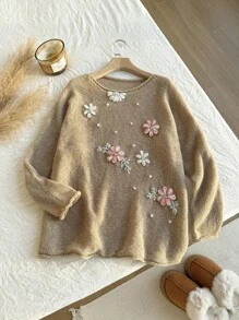Comfortcana Suéter casual con decoración de flor 3D, talla grande, primavera/otoño