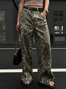 DAZY Women's Casual Leopard Print Loose Wide Leg Jeans - Khaki - View 3