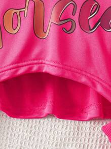 Girls Spring/Autumn Hoodie Outfit - Letter Print Hoodie, Pony Print Vest, Letter Print Pants, Fashionable Korean Style Casual Suit For Toddlers - Multicolor - View 9