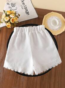 Tween Girls White Bow Embroidered Floral Lace Trim Casual Loose Shorts, Elegant