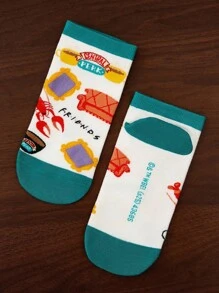 FRIENDS X SHEIN 4 pares de calcetines casuales para mujer suaves, transpirables y que absorben la humedad - Calcetines cortos coloridos y de moda, reforzados en el dedo del pie y el talón para mayor durabilidad, todo a juego para todas las estaciones