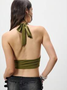TypaGal Top sin espalda con cuello de halter de unicolor y sexy para mujer, de verano - Verde militar - Ver 2
