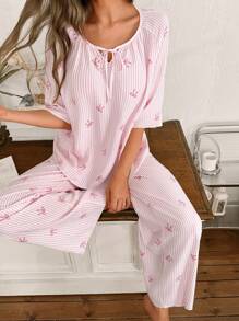 SHEIN Conjunto de pijama de mujer con cuello redondo, rayas rosas, estampado de lazos y mangas 3/4 con cordón - Rosa - Ver 5