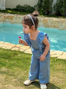 SHEIN Vintaside Kids Baby Girls' Casual Versatile Summer Sleeveless Jumpsuit Palazzo Pants, Silk-Like Fabric Baby Girl Jumpsuit Baby Jumpsuit Baby Jumpsuits - Blue - View 5