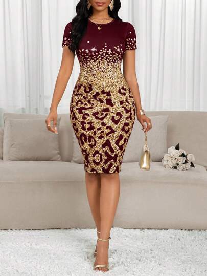 SHEIN Lady Vestido corto y entallado de manga corta con cuello redondo y estampado degradado de leopardo para mujer, ideal para vacaciones, fiestas, cumpleaños y eventos