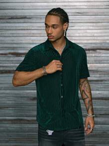 AXEPEAK Men Solid Button Front Shirt Slim Fit Short Sleeve Up Flannel Plain Prom Fashion Shirt, For Boyfriend Gift - Dark Green - View 3