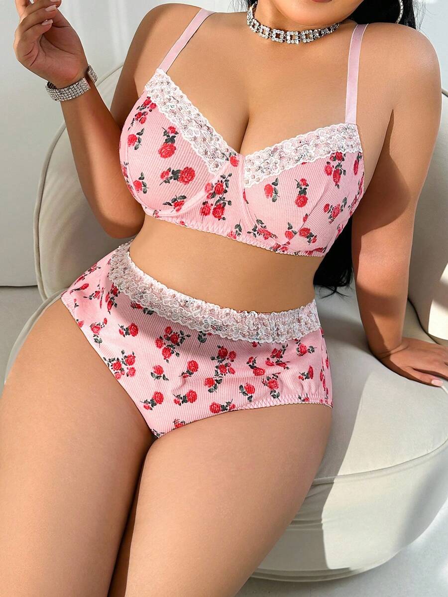 SHEIN 2件套印花罗纹针织加垫聚拢文胸套装，加大码 - 粉色 - 查看 1