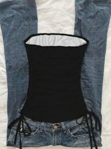 Attitoon Top corto con nudo delantero y estampado de esqueleto derritiéndose, adecuado para el verano - Negro - Ver 2