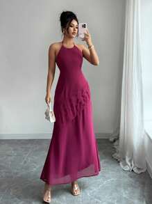 Rafferiza Đầm dài mỏng thiết kế xếp nếp cổ yếm thanh lịch cho nữ dùng cho dạ hội - Red Plum - Xem 3