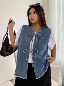 Dazy Plus Light Colored Distressed Sleeveless Tie Up Denim Vest