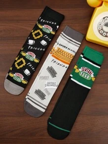 FRIENDS X SHEIN 3 pares de calcetines informales tipo media hasta el tobillo, suaves y transpirables, con diseños de dibujos animados, de color gris y negro de moda, con dedos y talones reforzados para mayor durabilidad, unisex para hombres y mujeres, aptos para todas las estaciones y a juego con cualquier atuendo