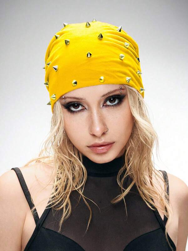 ROMWE Grunge Punk 1pc Thin Punk Style Rivet Beanie, Y2K High Quality Vintage Solid Yellow Slouchy Hat, Fashionable Daily & All Season Wear