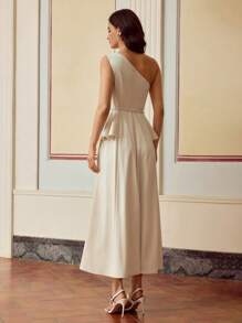 ZEYLAH VESTIDO DE MUJER ELEGANTE DE UN HOMBRO CON VOLANTES EN LA CINTURA Y CUENTAS DE PERLAS FALSAS - Albaricoque - Ver 3