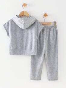 Conjunto de 2 piezas para niños pequeños: suéter con capucha y decoración de parche lindo y pantalones estampados de color liso, casual, apto para primavera/verano, escuela, hogar, diario, deportes, fiesta de cumpleaños, viajes al aire libre, básico y versátil