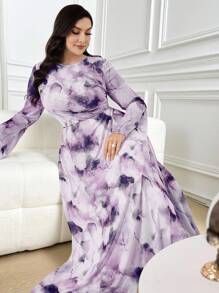 Modelyn 大码女式春秋花卉印花喇叭袖修身腰连衣裙 - 淡紫色 - 查看 3