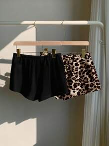 SHEIN EZwear 2pcs/Set Women Leisure Sports Leopard Print & Stripes Pattern Button-Up Tie-Front Shorts Set, Suitable For Summer Back To School - Black - View 9