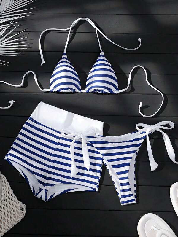 SHEIN Swim Set de 3 trajes de baño divididos con efecto degradado azul y blanco, con escote halter y nudo lateral, ideal para la playa, la piscina, fiestas, vacaciones, primavera y verano