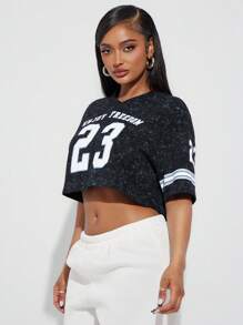 SHEIN SXY Washed Gray Numeric Print Athleisure Graphic Tee Cropped Jersey - Grey - View 4