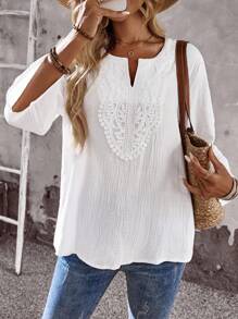 EMERY ROSE 女式度假拼接蕾丝V领3/4袖宽松休闲衬衫外出乡村女士秋季全白派对基本款上衣长袖上衣女士外出上衣度假上衣 - 白色 - 查看 5