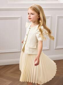 Young Girl Elegant Urban Pleated Short Sleeve Dress, Apricot Color - Apricot - View 8