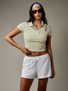 MISSGUIDED 复古罗纹 Polo 衫短款上衣夏季网球 Y2K 运动休闲修身短袖经典学院风条纹领 - 彩色 - 查看 7