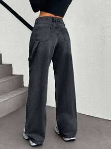SHEIN Cottnline 100% Cotton WIDE LEG LOW WAIST JEANS - Dark Grey - View 2