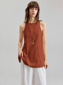 Ontre 2025 新款音乐节/演唱会休闲无袖橙色亚麻圆领背心，适合女士，度假风格日常穿着，商务休闲宽松一字肩衬衫